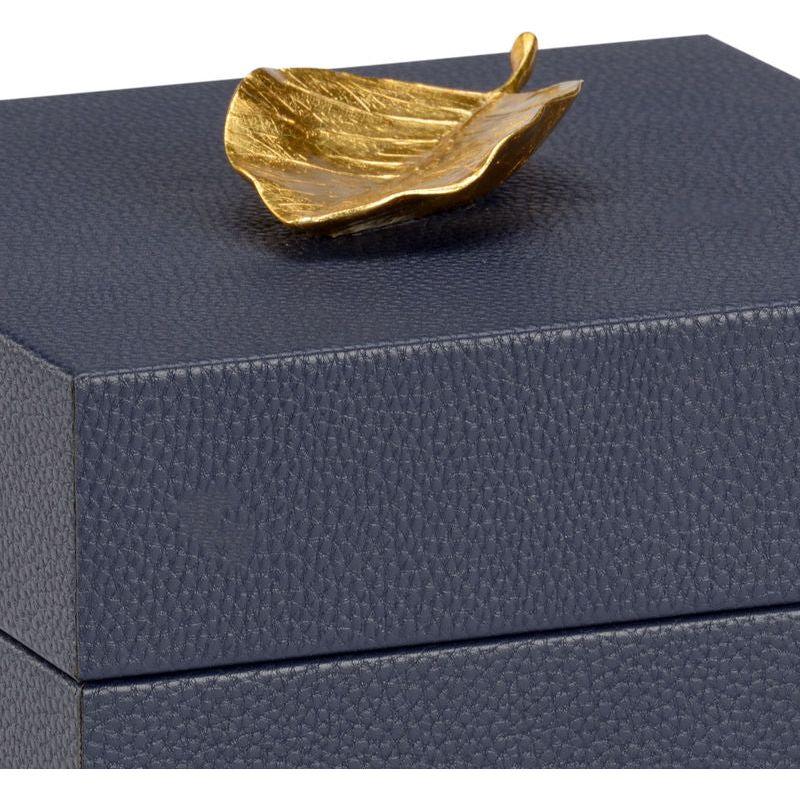 Metallic Gold Leaf Handled Blue Faux Leather Box - LOOMLAN - Chelsea House - Boxes & Bowls