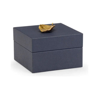 Metallic Gold Leaf Handled Blue Faux Leather Box - LOOMLAN - Chelsea House - Boxes & Bowls