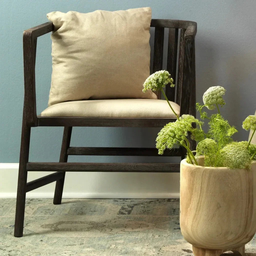 Mid - Century Driftwood & Beige Linen Grayson Arm Chair - LOOMLAN - Jamie Young - Dining Chairs