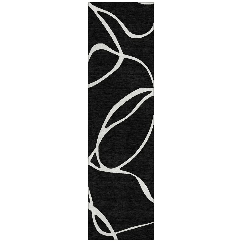 Mirelle Black Washable Indoor-Outdoor Rug-Outdoor Rugs-LOOMLAN Rugs-2'3" x 7'6"-LOOMLAN