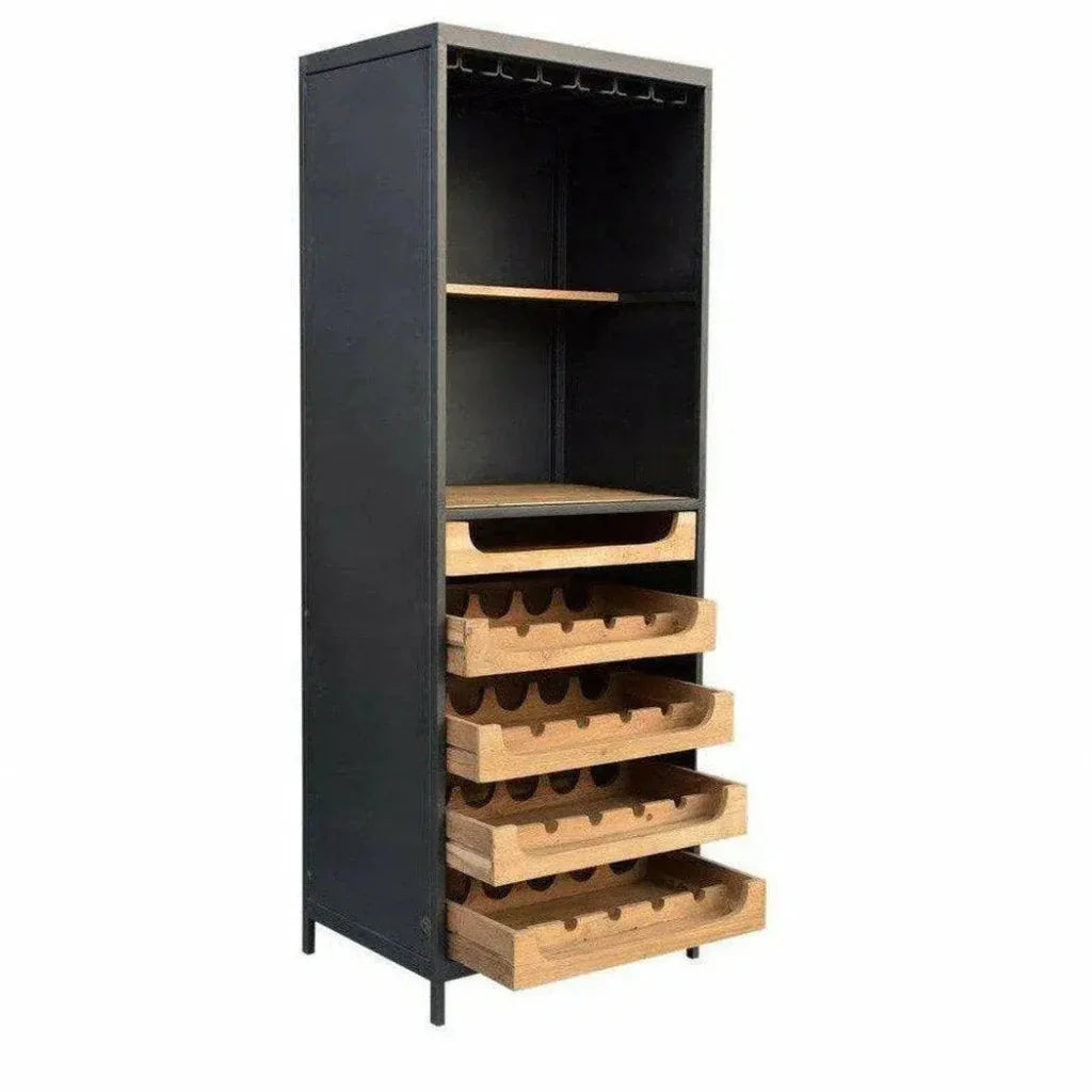 Narrow & Tall Retro Bar Natural Teak & Iron-Home Bar Cabinets-Moe's Home-LOOMLAN