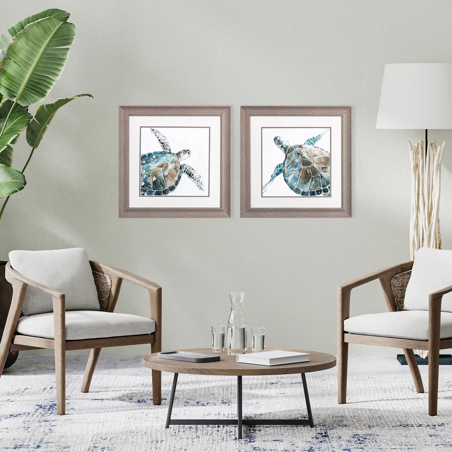 Neutral Sea Turtle Blue Framed Wall Art 2PC