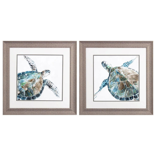 Neutral Sea Turtle Blue Framed Wall Art 2PC