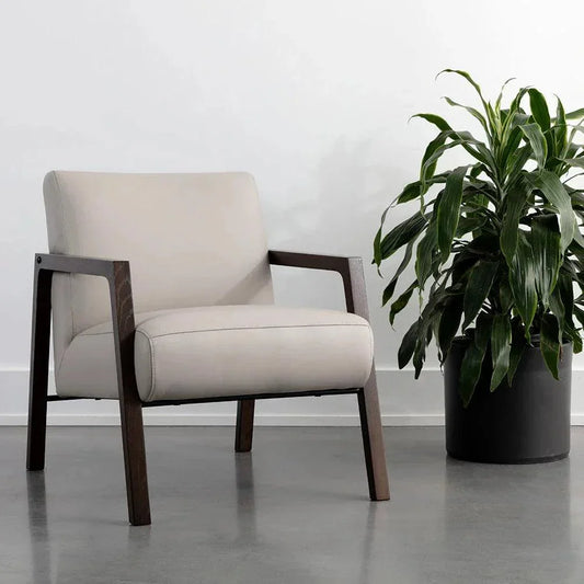 Neymar Lounge Chair Light Grey Leather Wood - LOOMLAN - SUNPAN - Accent Chairs