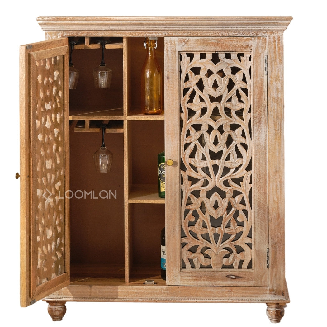 Norella Coastal Tall Bar Cabinet Carved Wood Doors-Home Bar Cabinets-LOOMLAN-LOOMLAN