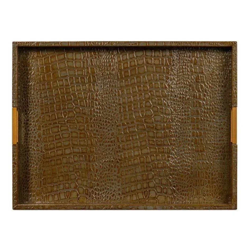 Norton Croco Leather Antique Green Tray - LOOMLAN - Sarreid - Trays