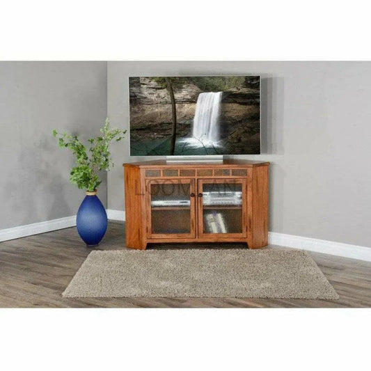 Oak Wood Corner TV Stand With Glass Doors - LOOMLAN - Sunny D - TV Stands & Media Centers