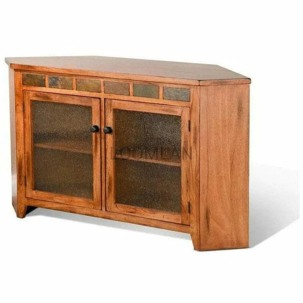 Oak Wood Corner TV Stand With Glass Doors - LOOMLAN - Sunny D - TV Stands & Media Centers