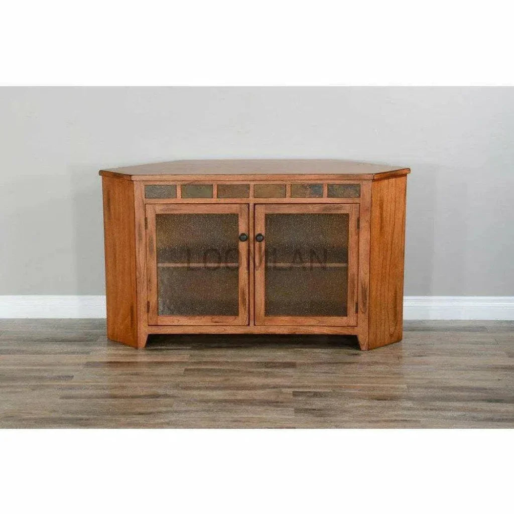 Oak Wood Corner TV Stand With Glass Doors - LOOMLAN - Sunny D - TV Stands & Media Centers