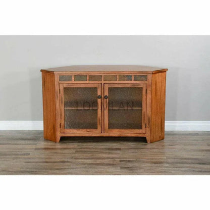 Oak Wood Corner TV Stand With Glass Doors - LOOMLAN - Sunny D - TV Stands & Media Centers