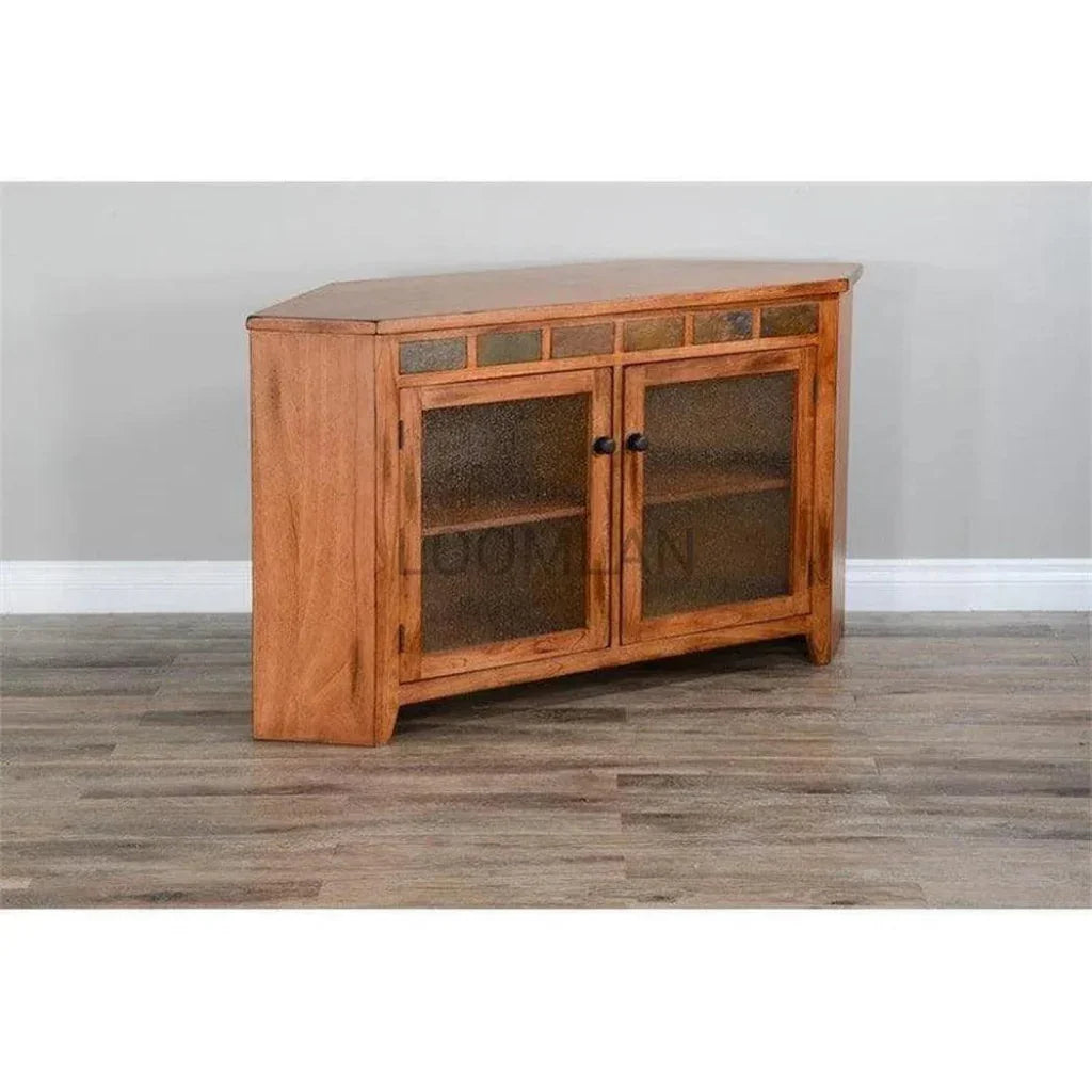 Oak Wood Corner TV Stand With Glass Doors - LOOMLAN - Sunny D - TV Stands & Media Centers