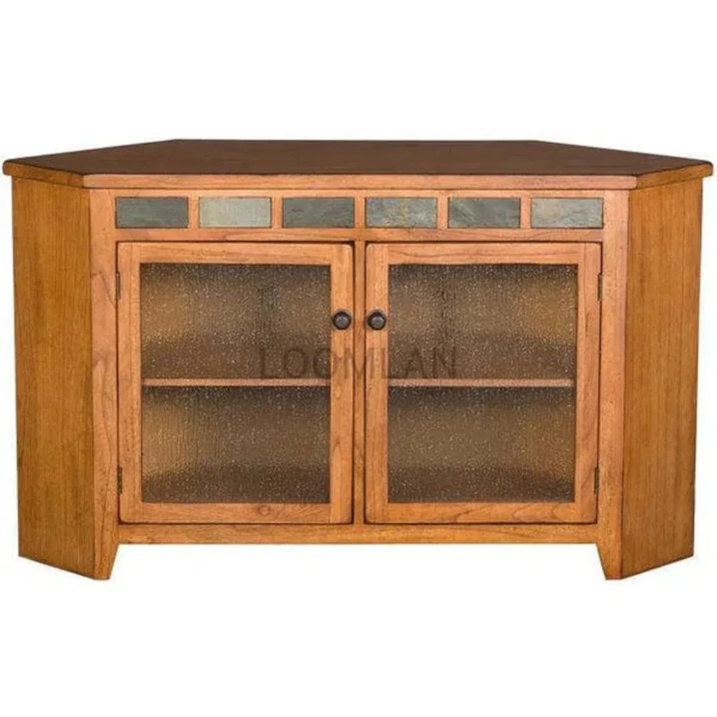 Oak Wood Corner TV Stand With Glass Doors - LOOMLAN - Sunny D - TV Stands & Media Centers