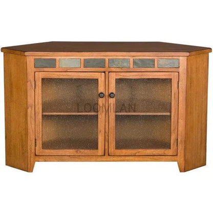 Oak Wood Corner TV Stand With Glass Doors - LOOMLAN - Sunny D - TV Stands & Media Centers