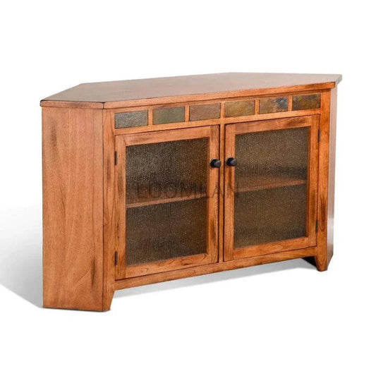 Oak Wood Corner TV Stand With Glass Doors - LOOMLAN - Sunny D - TV Stands & Media Centers