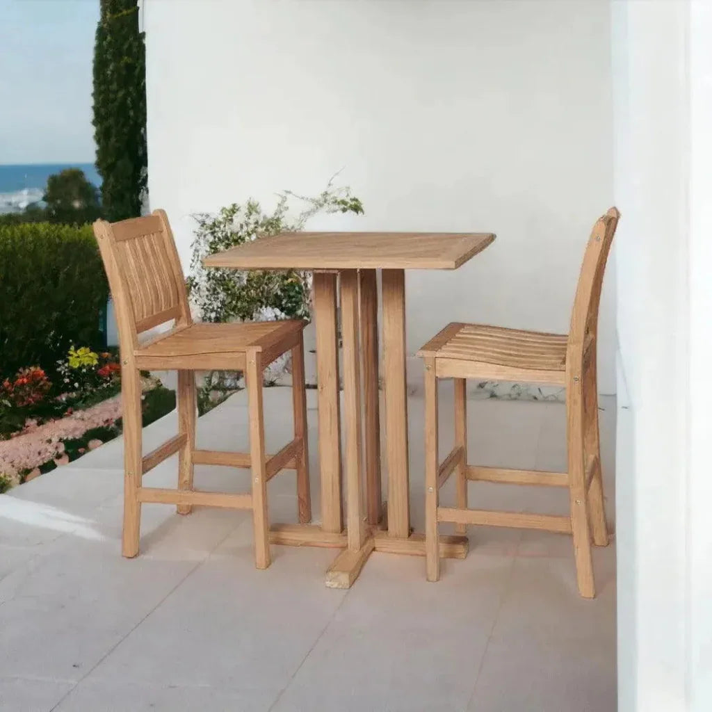 Oasis 3-Piece Square Bar Height Teak Outdoor Dining Set-Outdoor Bistro Sets-HiTeak-LOOMLAN