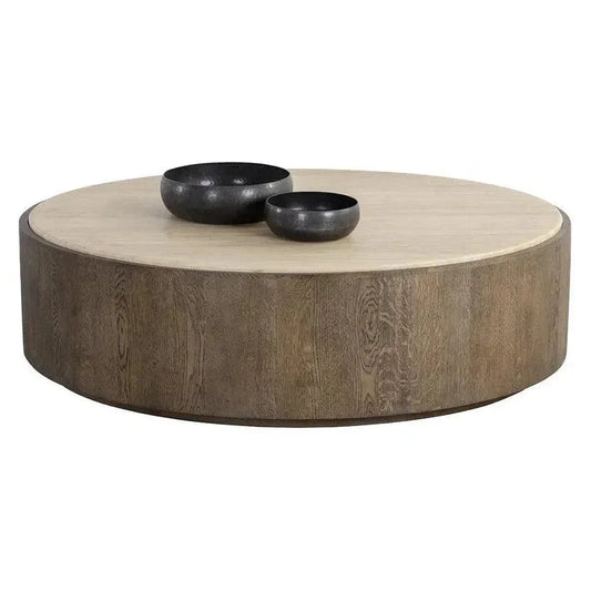 Oberon Wooden Travertine Round Coffee Table - LOOMLAN - SUNPAN - Coffee Tables