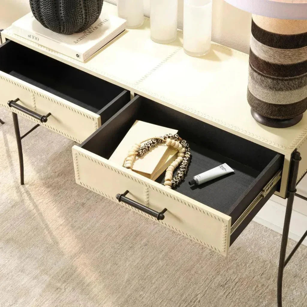 Off White Full Grain Leather Console Table Nevado - LOOMLAN - Jamie Young - Console Tables
