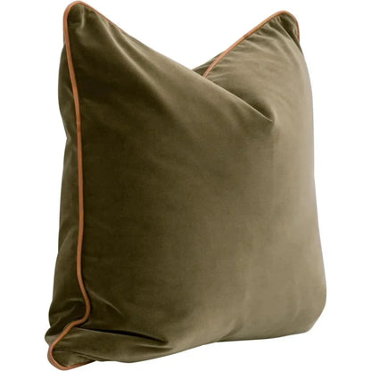 Olive Velvet Throw Pillow Set Leather Piping Accent - LOOMLAN - Essentials For Living - Throw Pillows