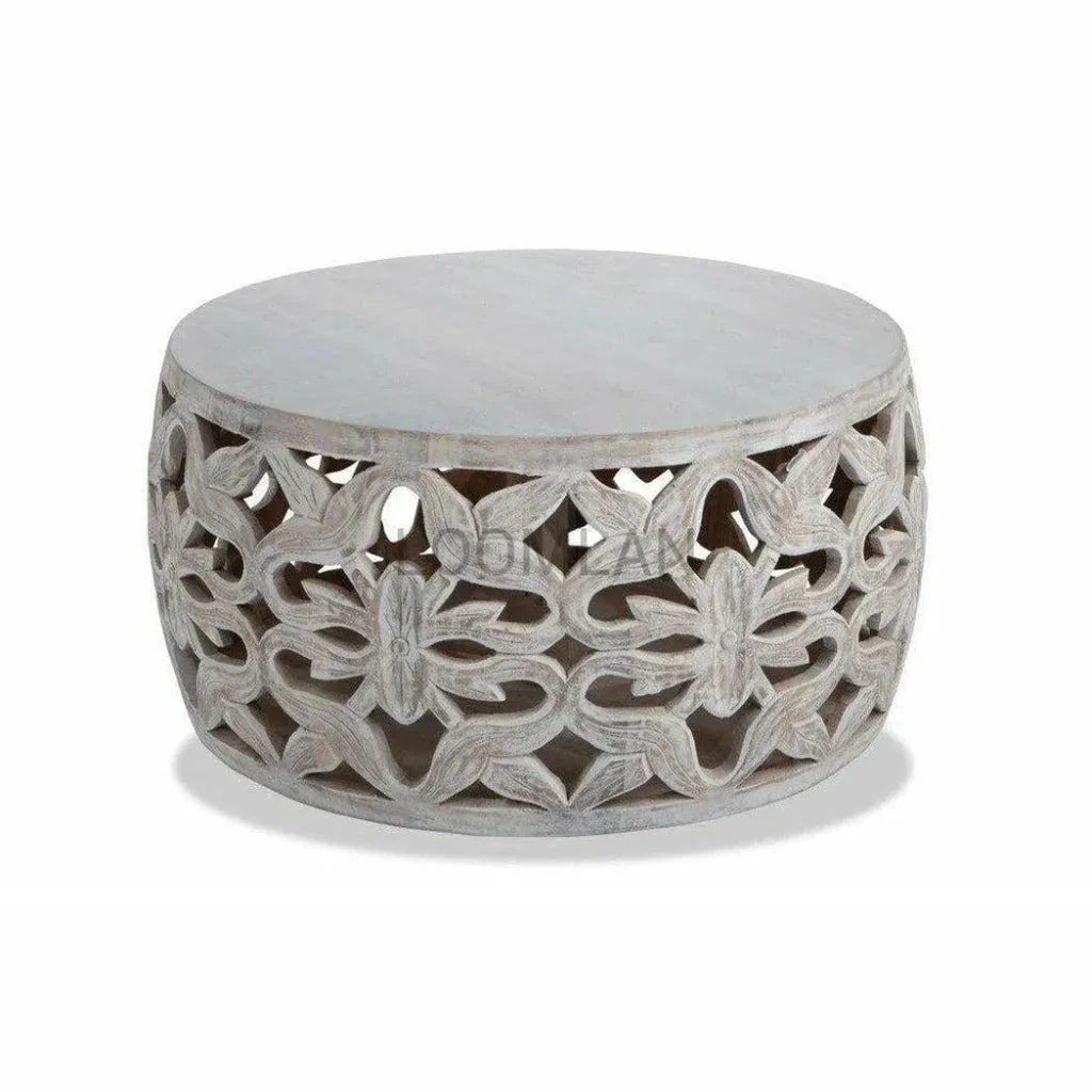 32" Mango Wood White Wash Drum Coffee Table - LOOMLAN - LOOMLAN - Coffee Tables