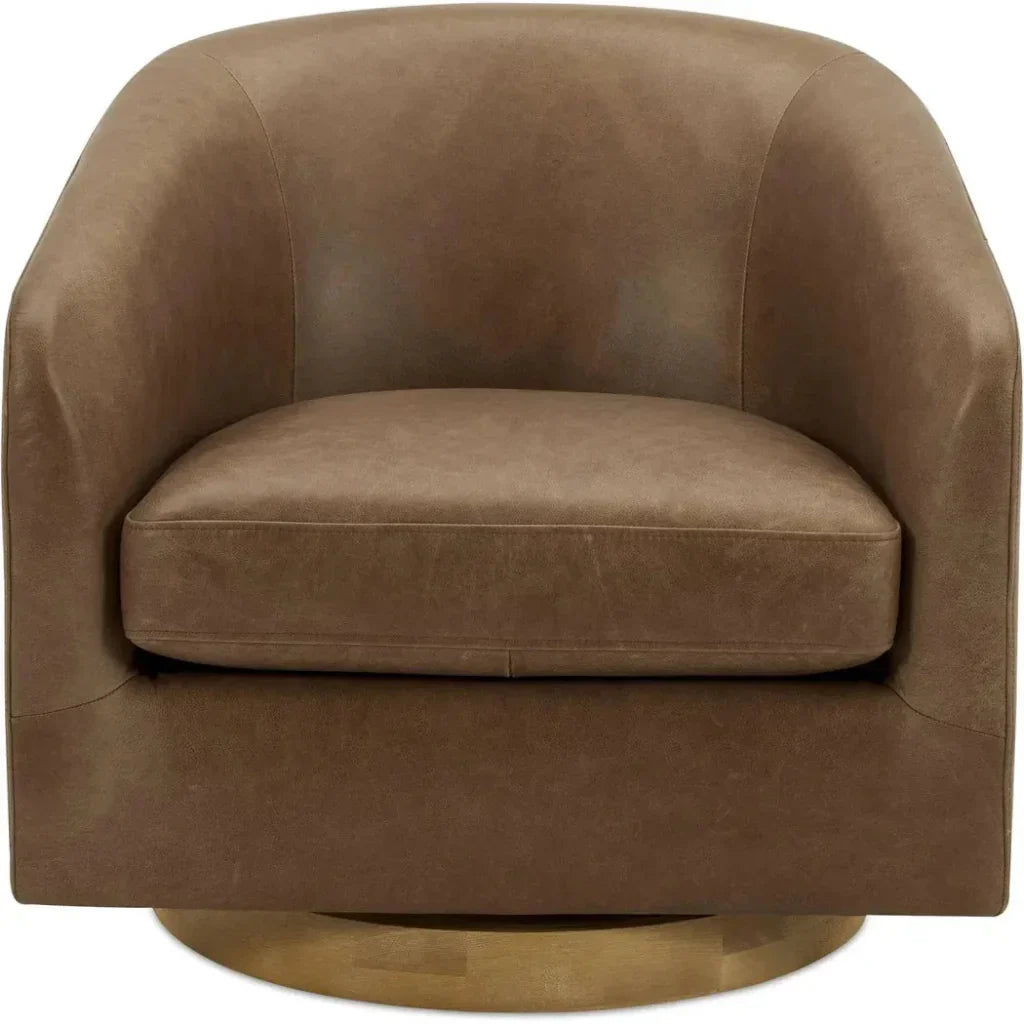 Oscy Grain Leather & Solid Wood Brown Swivel Arm Chair - LOOMLAN - Moe's Home - Club Chairs
