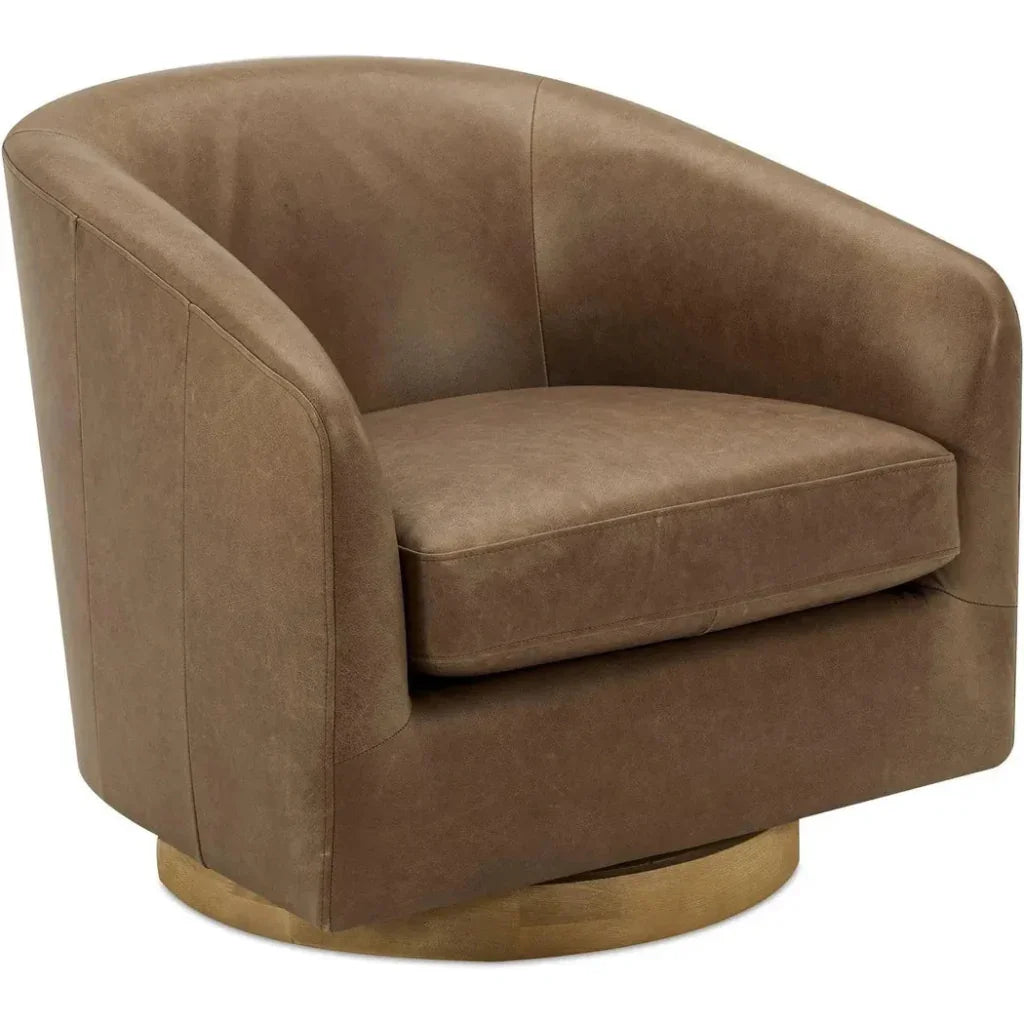 Oscy Grain Leather & Solid Wood Brown Swivel Arm Chair - LOOMLAN - Moe's Home - Club Chairs
