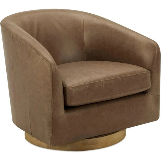 Oscy Grain Leather & Solid Wood Brown Swivel Arm Chair - LOOMLAN - Moe's Home - Club Chairs