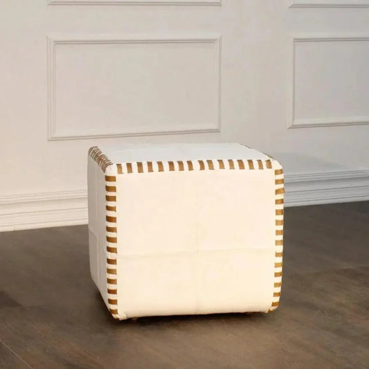 Ottoman Pouf Cube Stitched, White Leather - LOOMLAN - Peninsula Home - Poufs and Stools