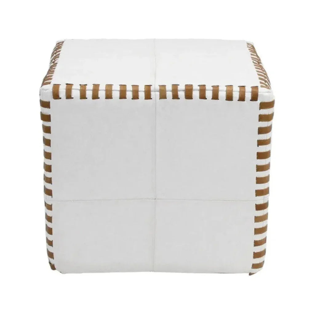Ottoman Pouf Cube Stitched, White Leather - LOOMLAN - Peninsula Home - Poufs and Stools