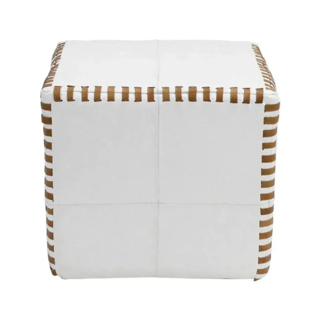 Ottoman Pouf Cube Stitched, White Leather - LOOMLAN - Peninsula Home - Poufs and Stools