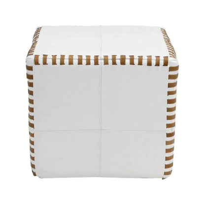 Ottoman Pouf Cube Stitched, White Leather - LOOMLAN - Peninsula Home - Poufs and Stools