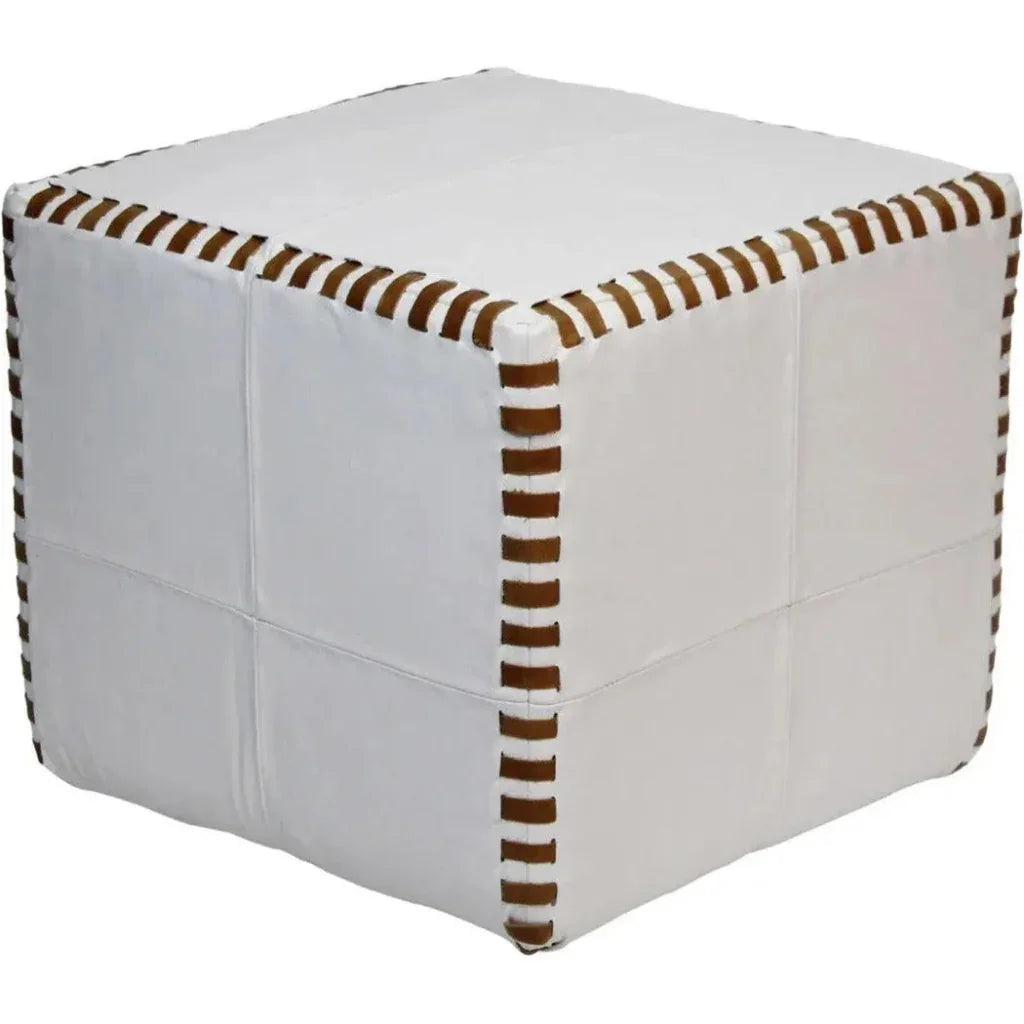 Ottoman Pouf Cube Stitched, White Leather - LOOMLAN - Peninsula Home - Poufs and Stools