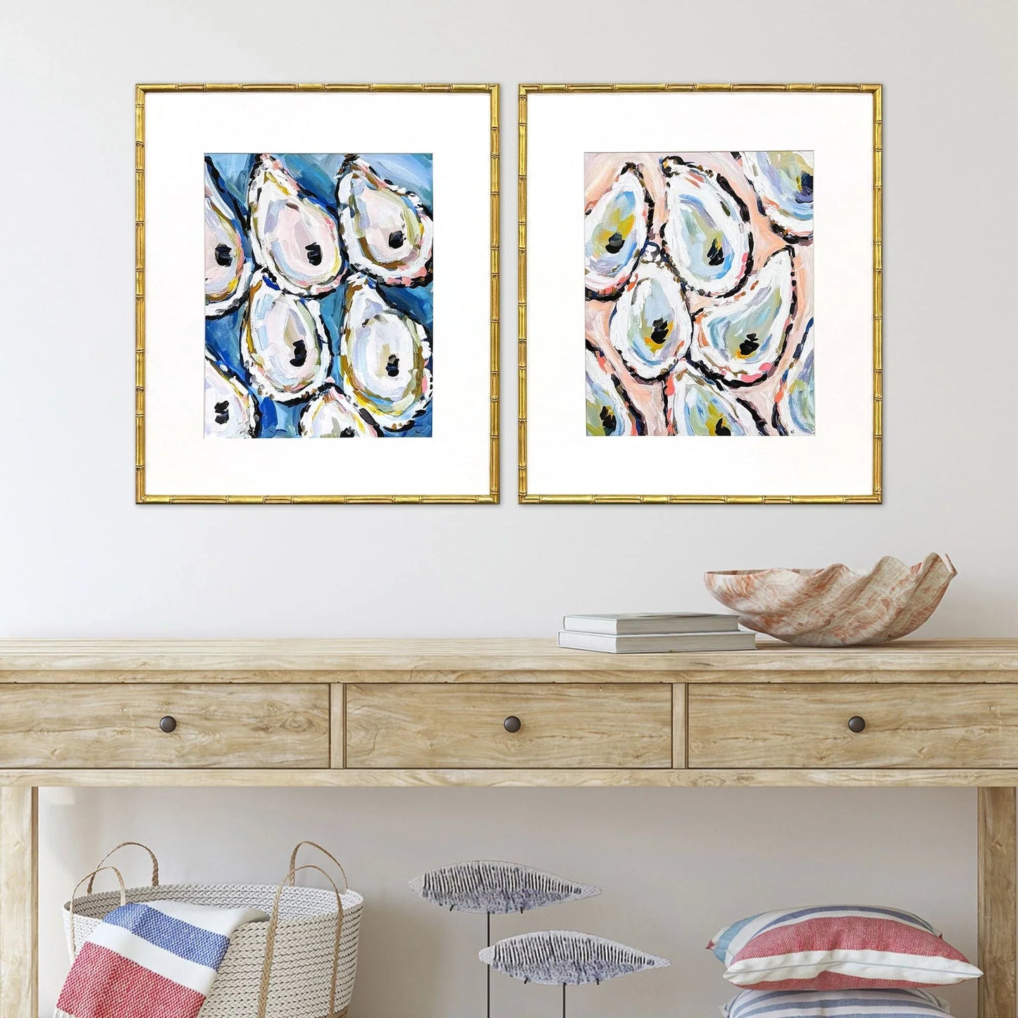 Oyster Shells Wood Blue Framed Wall Art 2PC