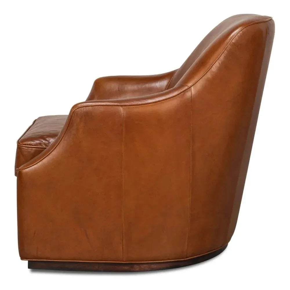 Parrish Brown Leather Swivel Club Chair - LOOMLAN - Sarreid - Club Chairs
