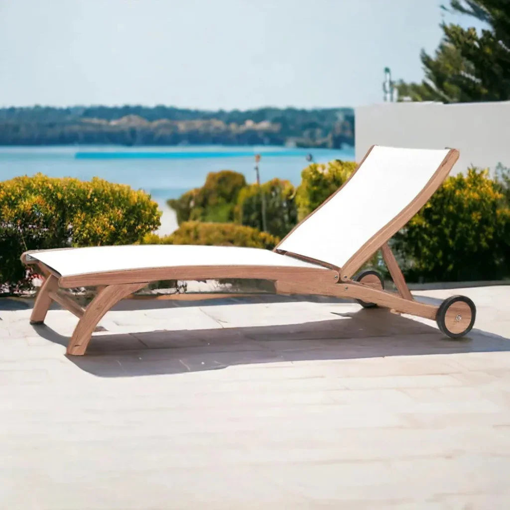 Pearl Teak Outdoor Reclining Chaise Lounger Wheels-Outdoor Cabanas & Loungers-HiTeak-LOOMLAN