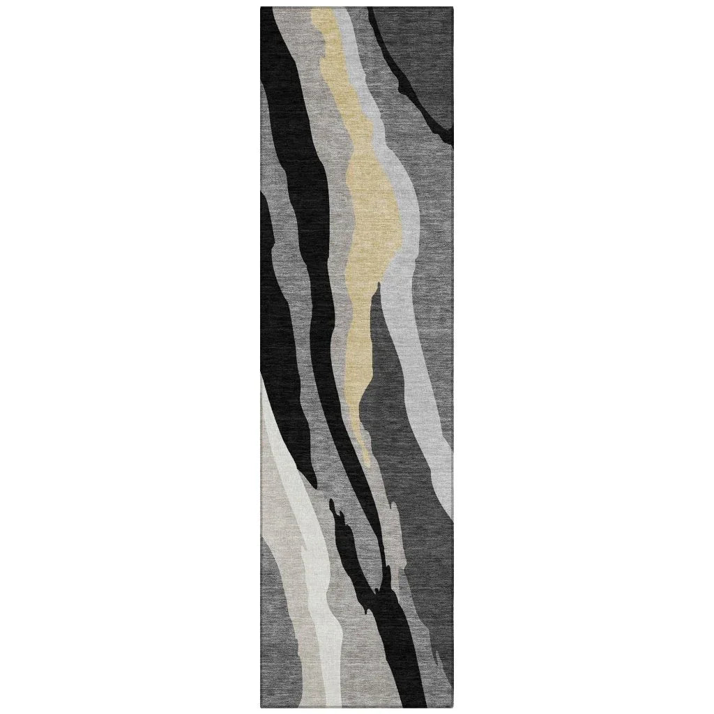 Petala Black Washable Indoor-Outdoor Rug-Outdoor Rugs-LOOMLAN Rugs-2'3" x 7'6"-LOOMLAN