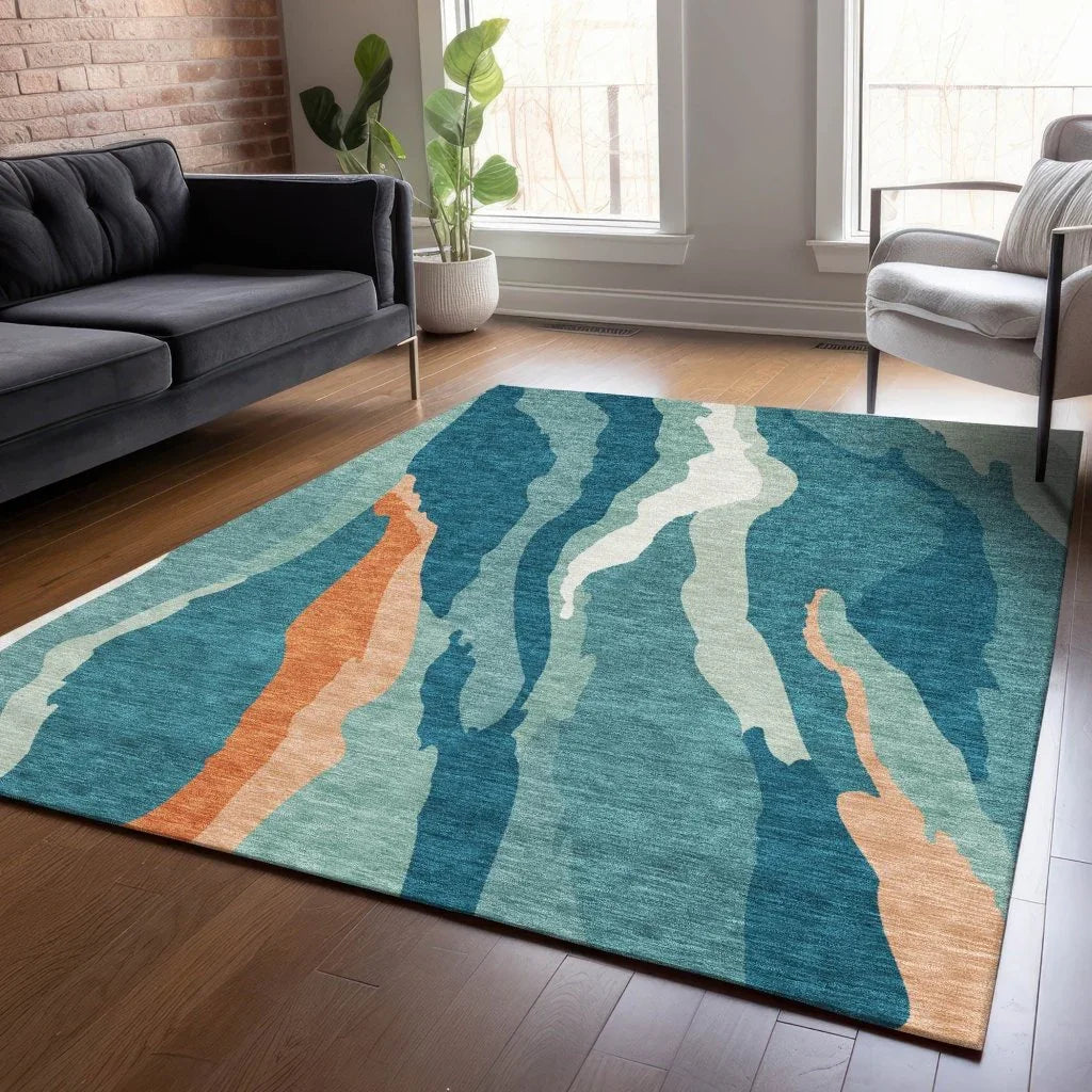 Petala Teal Washable Indoor-Outdoor Rug-Outdoor Rugs-LOOMLAN Rugs-LOOMLAN