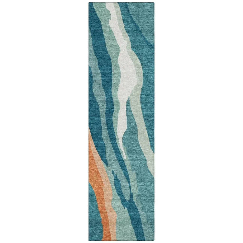 Petala Teal Washable Indoor-Outdoor Rug-Outdoor Rugs-LOOMLAN Rugs-2'3" x 7'6"-LOOMLAN