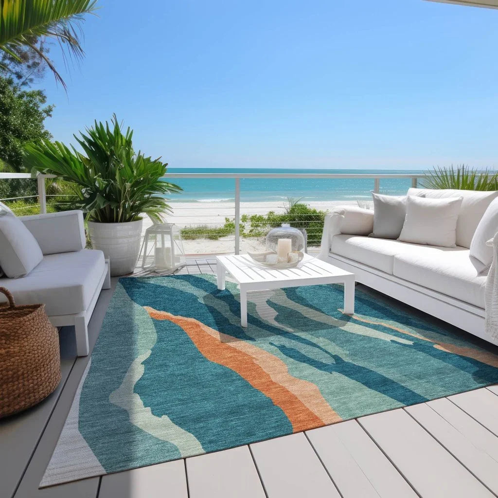 Petala Teal Washable Indoor-Outdoor Rug-Outdoor Rugs-LOOMLAN Rugs-LOOMLAN