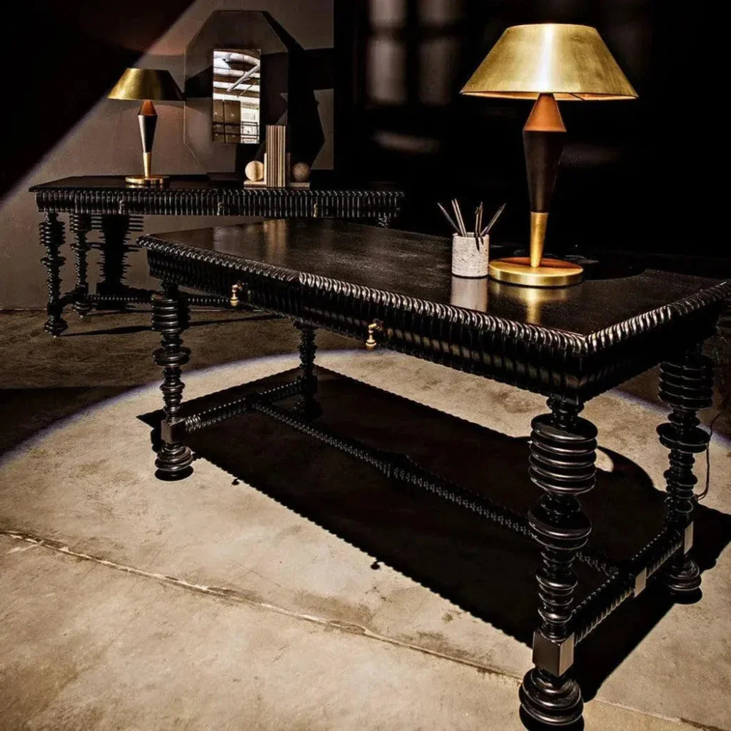 Portuguese Desk, Small Two Drawer Writing Table-Home Office Desks-Noir-LOOMLAN