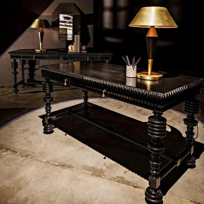 Portuguese Desk, Small Two Drawer Writing Table-Home Office Desks-Noir-LOOMLAN