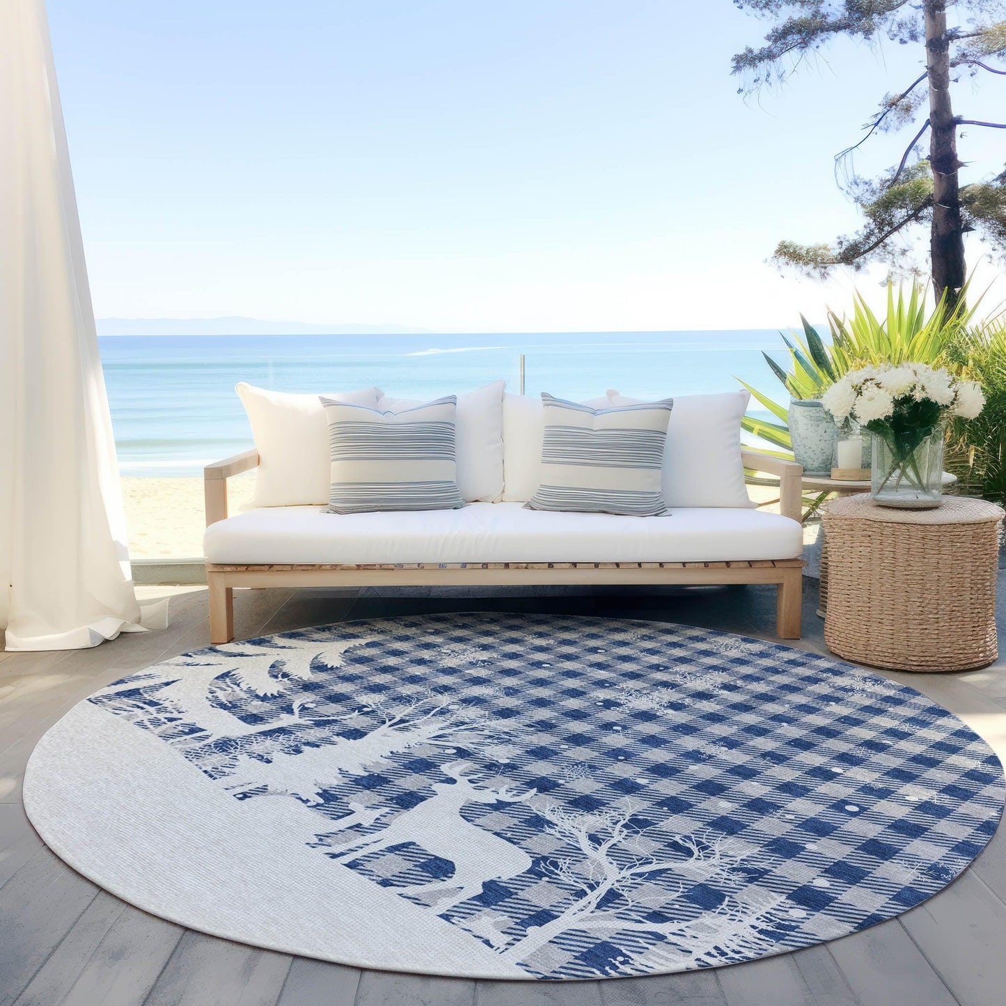Quaora Blue Washable Indoor-Outdoor Rug