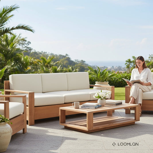 Qube Teak Patio Deep Sofa Set with Sunbrella 4PC