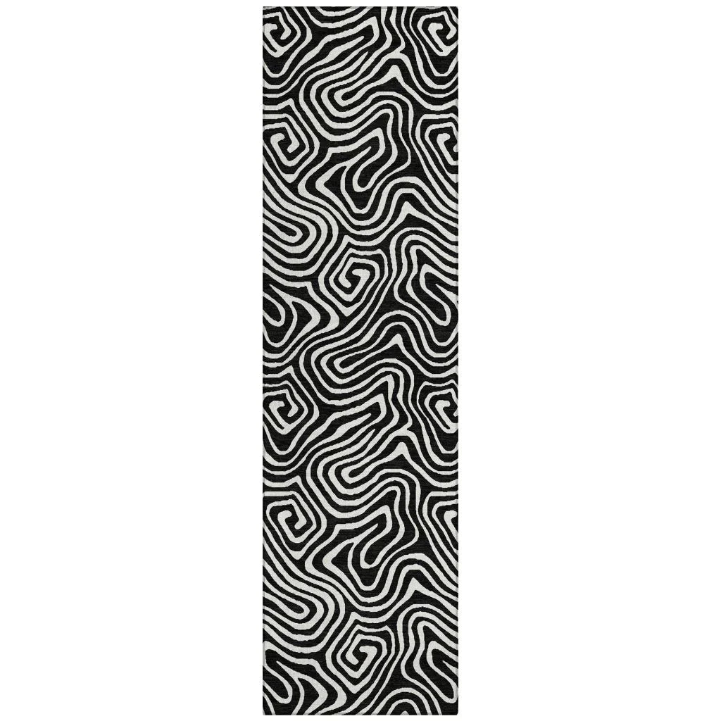 Raya Black Washable Indoor-Outdoor Rug-Outdoor Rugs-LOOMLAN Rugs-2'3" x 7'6"-LOOMLAN