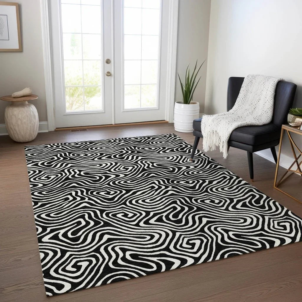 Raya Black Washable Indoor-Outdoor Rug-Outdoor Rugs-LOOMLAN Rugs-LOOMLAN