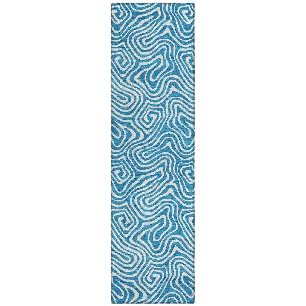 Raya Teal Washable Indoor-Outdoor Rug-Outdoor Rugs-LOOMLAN Rugs-2'3" x 7'6"-LOOMLAN