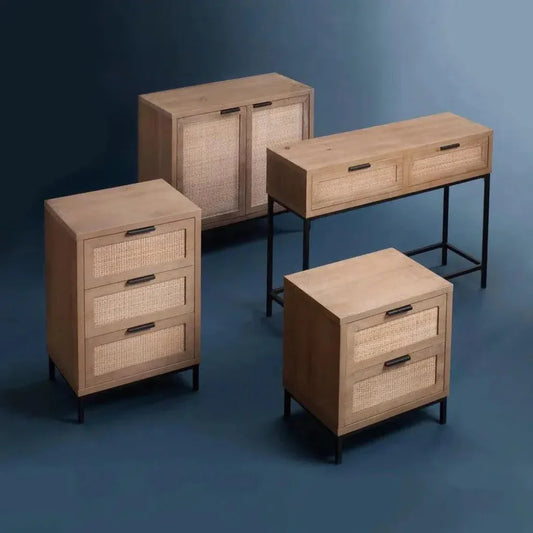 Reed Rattan 3 Drawer Mid Century Side Table - LOOMLAN - Jamie Young - Side Tables