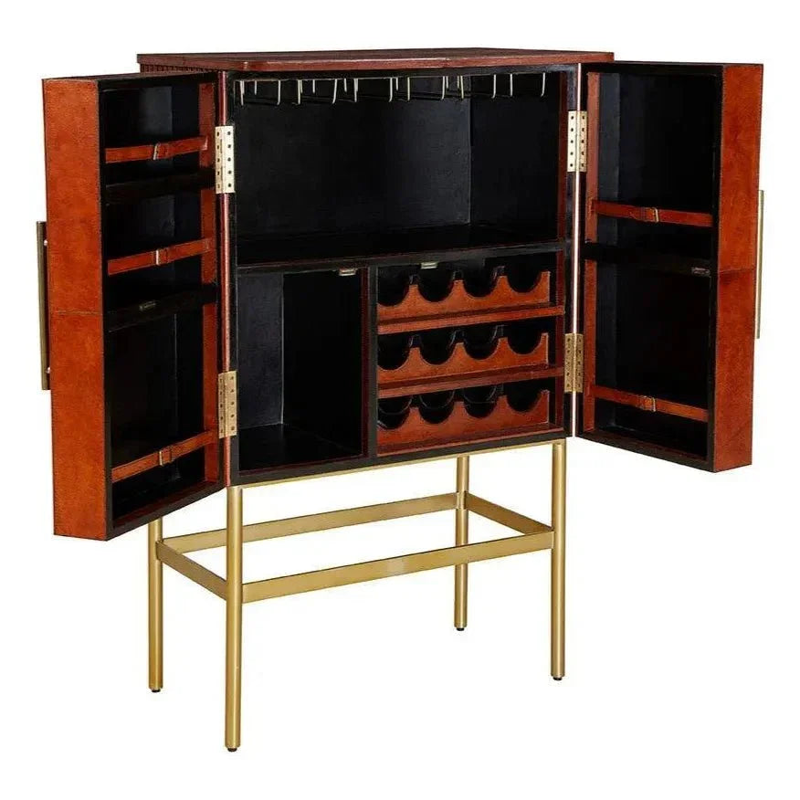 Ricky Leather Strapped Red Bar Cabinet-Home Bar Cabinets-Furniture Classics-LOOMLAN