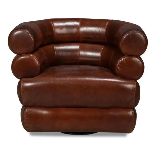 Rondo Leather Brown Armless Swivel Chair - LOOMLAN - Sarreid - Club Chairs