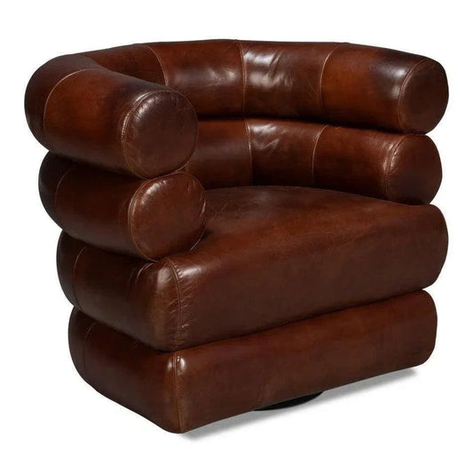 Rondo Leather Brown Armless Swivel Chair - LOOMLAN - Sarreid - Club Chairs