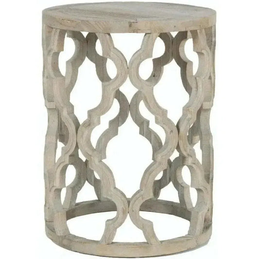 Round Carved Wood Clover End Table Smoke Gray Elm - LOOMLAN - Essentials For Living - Side Tables